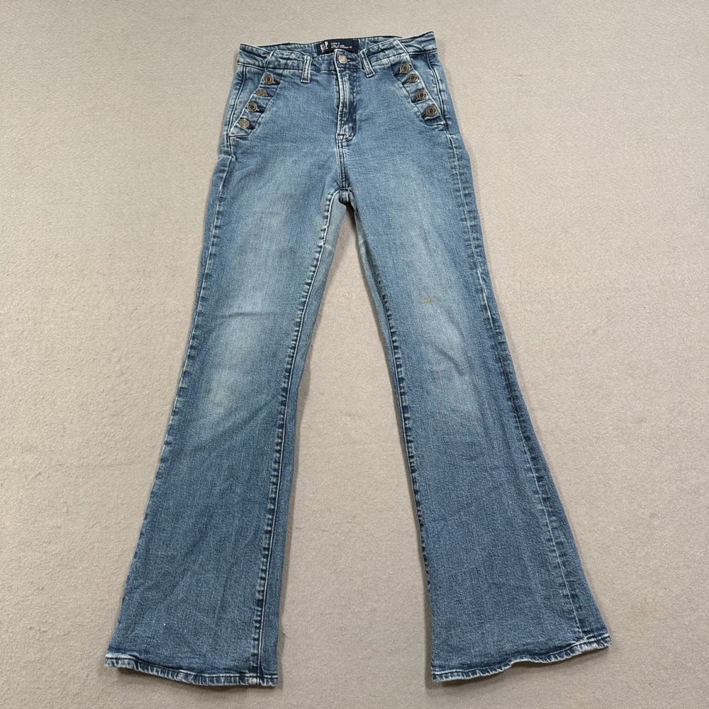 GAP Jeans Womens 4/27R Blue Denim 70s Flared Slim Fit Light Wash Stretch Buttons